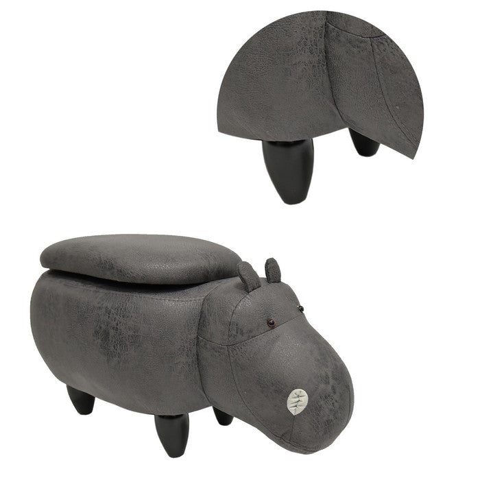 Hippo Shape Wooden Storage Ottoman with Fabric Upholstery, Gray and Brown