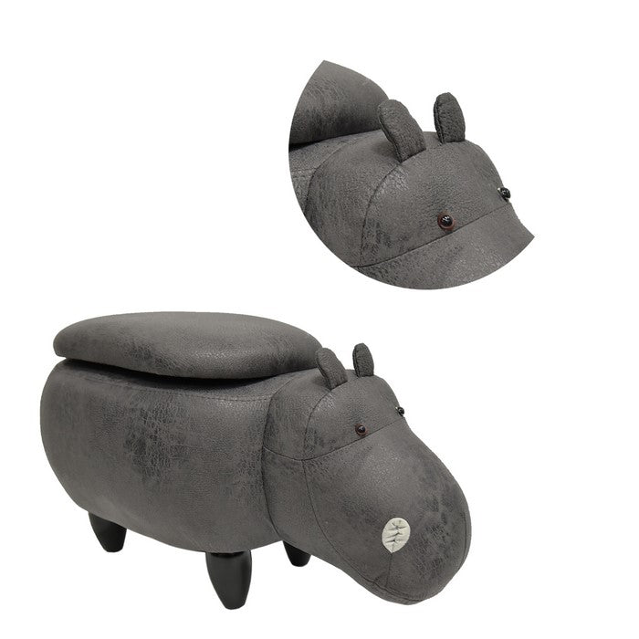 Hippo Shape Wooden Storage Ottoman with Fabric Upholstery, Gray and Brown