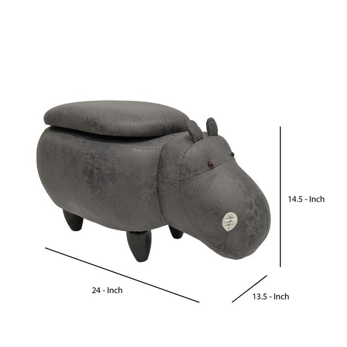 Hippo Shape Wooden Storage Ottoman with Fabric Upholstery, Gray and Brown