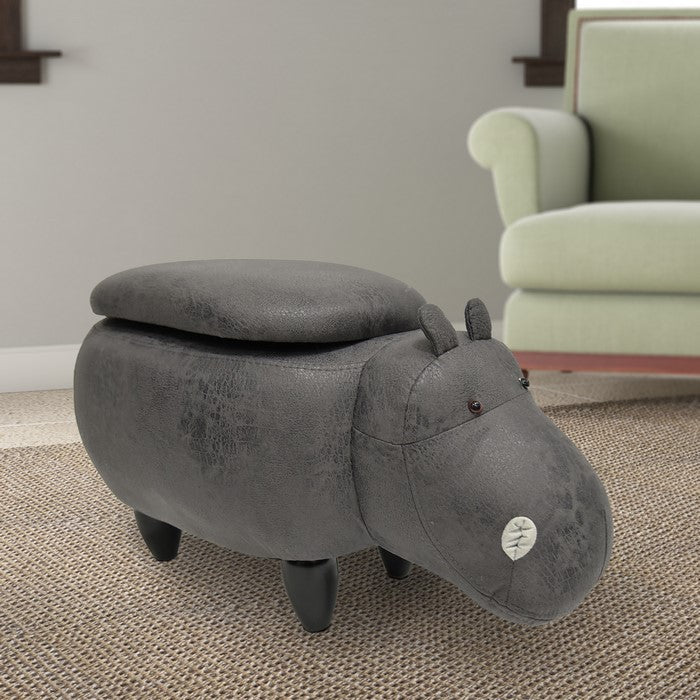 Hippo Shape Wooden Storage Ottoman with Fabric Upholstery, Gray and Brown