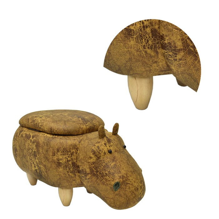 Hippo Shape Wooden Storage Ottoman with Textured Fabric Upholstery, Yellow and Brown