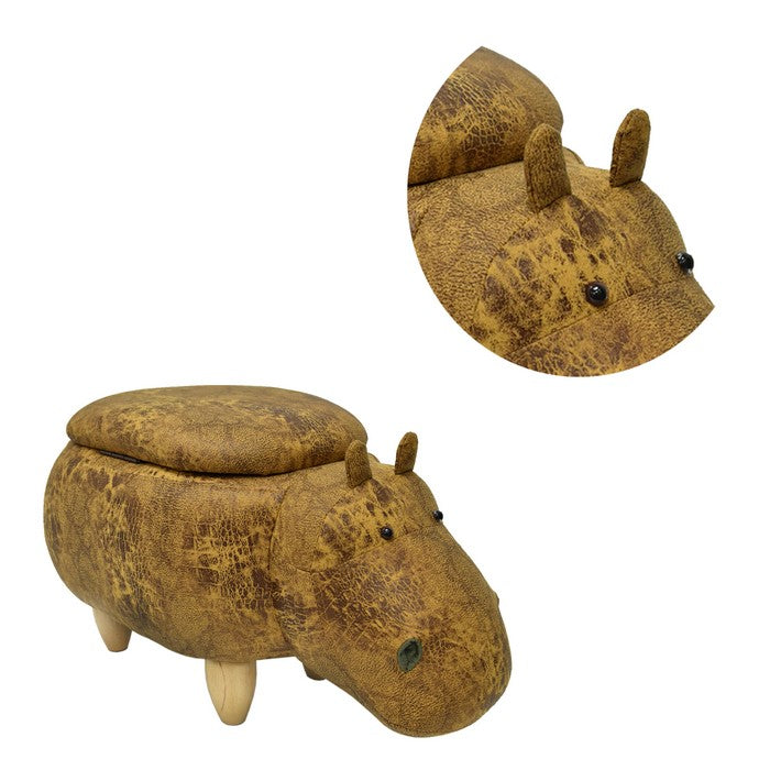 Hippo Shape Wooden Storage Ottoman with Textured Fabric Upholstery, Yellow and Brown