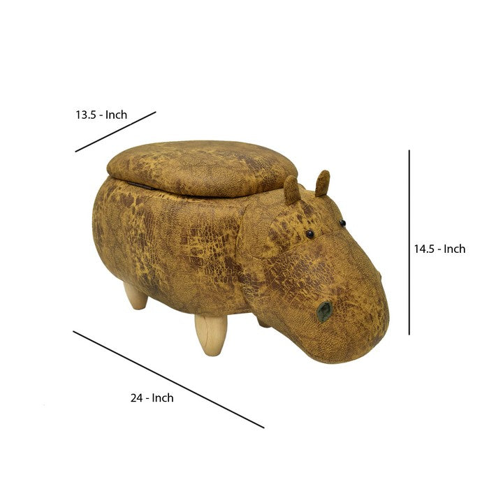 Hippo Shape Wooden Storage Ottoman with Textured Fabric Upholstery, Yellow and Brown