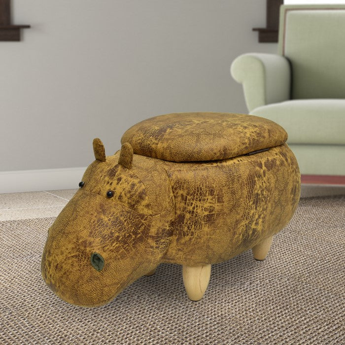 Hippo Shape Wooden Storage Ottoman with Textured Fabric Upholstery, Yellow and Brown