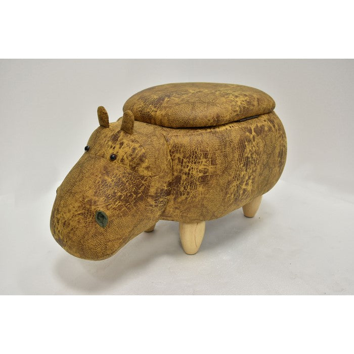 Hippo Shape Wooden Storage Ottoman with Textured Fabric Upholstery, Yellow and Brown