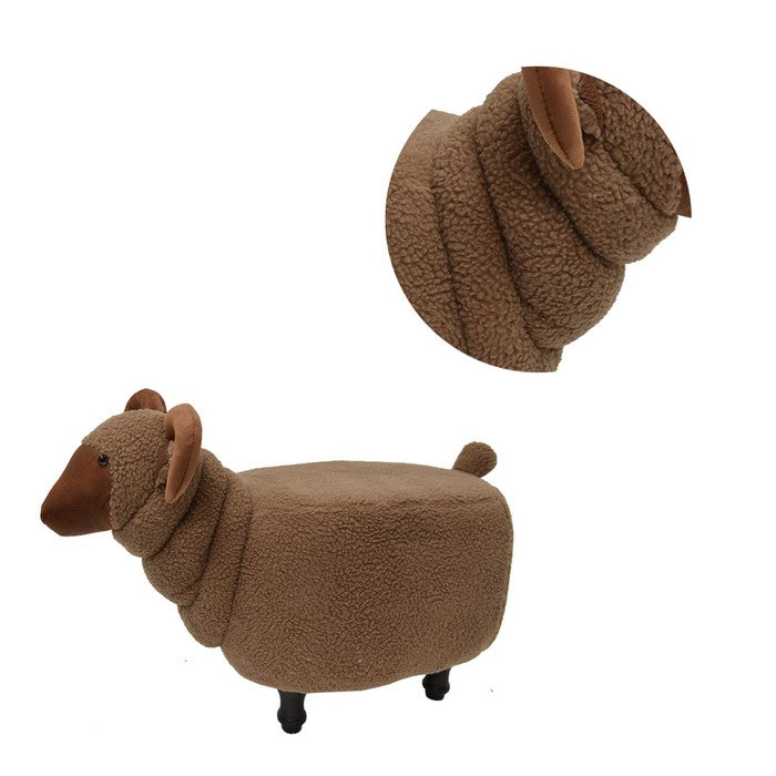 Sheep Shape Wooden Ottoman with Fabric Upholstery, Brown