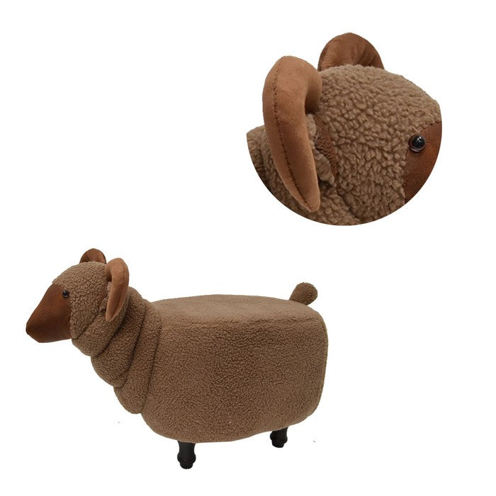 Sheep Shape Wooden Ottoman with Fabric Upholstery, Brown