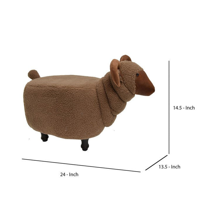 Sheep Shape Wooden Ottoman with Fabric Upholstery, Brown