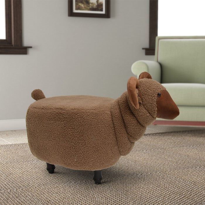 Sheep Shape Wooden Ottoman with Fabric Upholstery, Brown