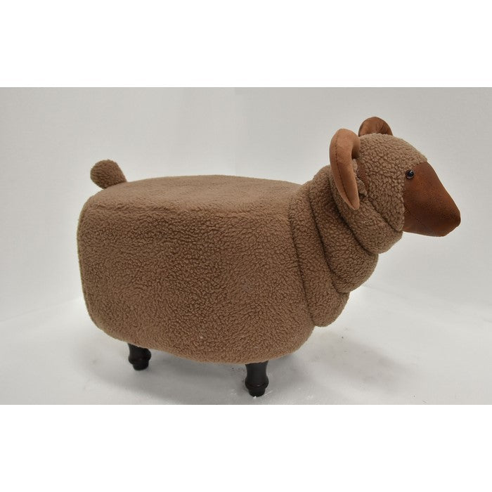 Sheep Shape Wooden Ottoman with Fabric Upholstery, Brown