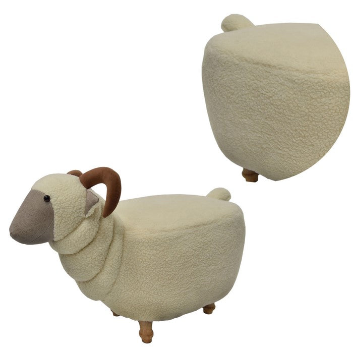 Sheep Shape Wooden Ottoman with Fabric Upholstery, Cream and Brown