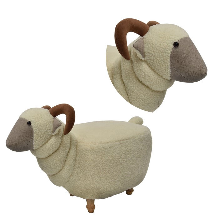 Sheep Shape Wooden Ottoman with Fabric Upholstery, Cream and Brown