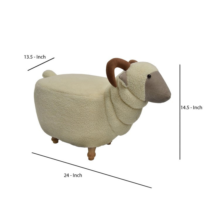 Sheep Shape Wooden Ottoman with Fabric Upholstery, Cream and Brown