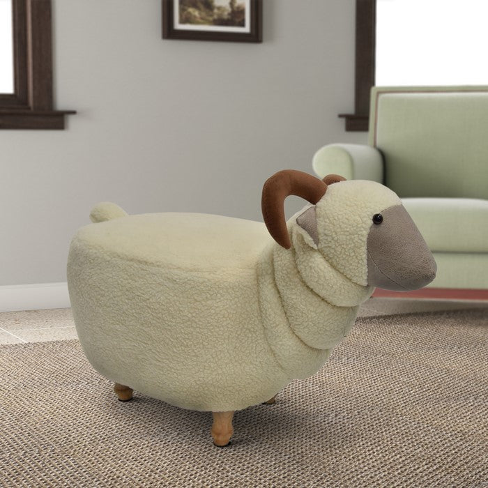 Sheep Shape Wooden Ottoman with Fabric Upholstery, Cream and Brown