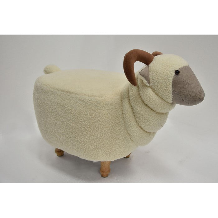 Sheep Shape Wooden Ottoman with Fabric Upholstery, Cream and Brown