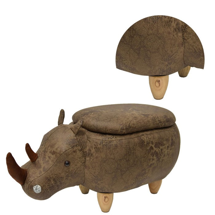 Rhinoceros Shape Wooden Storage Ottoman with Textured Fabric Upholstery, Brown
