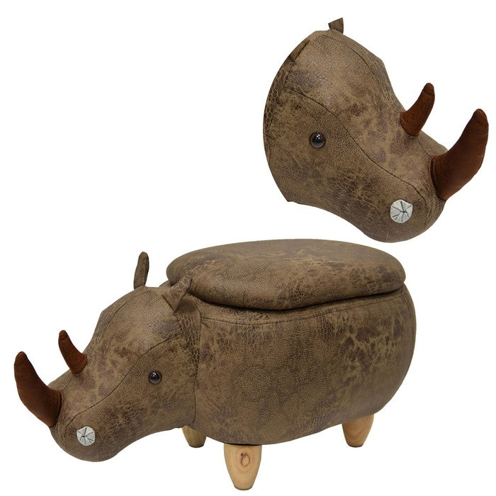 Rhinoceros Shape Wooden Storage Ottoman with Textured Fabric Upholstery, Brown
