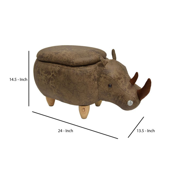 Rhinoceros Shape Wooden Storage Ottoman with Textured Fabric Upholstery, Brown