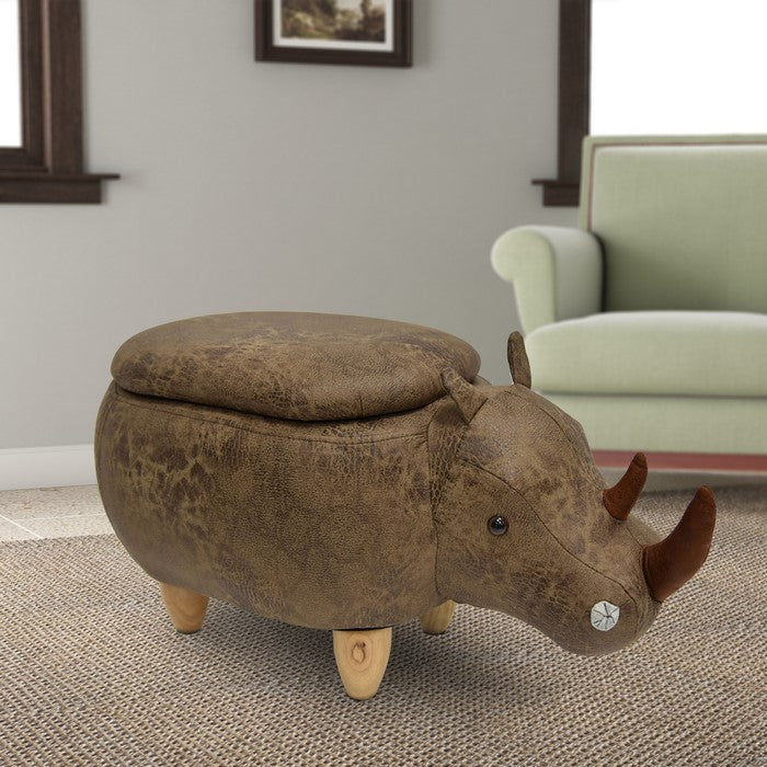 Rhinoceros Shape Wooden Storage Ottoman with Textured Fabric Upholstery, Brown