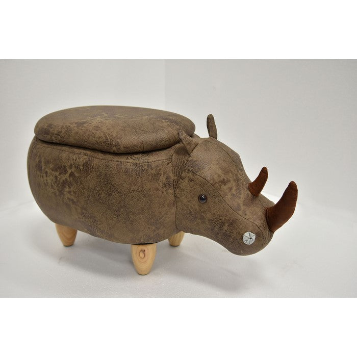 Rhinoceros Shape Wooden Storage Ottoman with Textured Fabric Upholstery, Brown