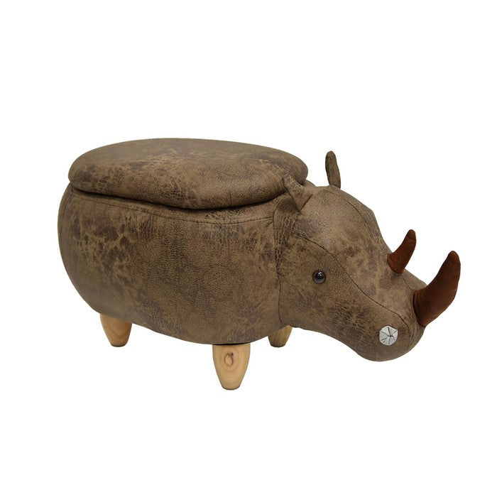 Rhinoceros Shape Wooden Storage Ottoman with Textured Fabric Upholstery, Brown