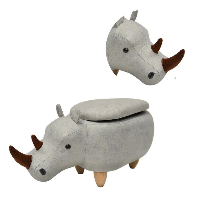 Rhinoceros Shape Wooden Storage Ottoman with Fabric Upholstery, Light Gray and Brown