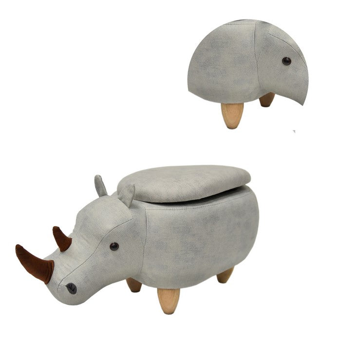 Rhinoceros Shape Wooden Storage Ottoman with Fabric Upholstery, Light Gray and Brown