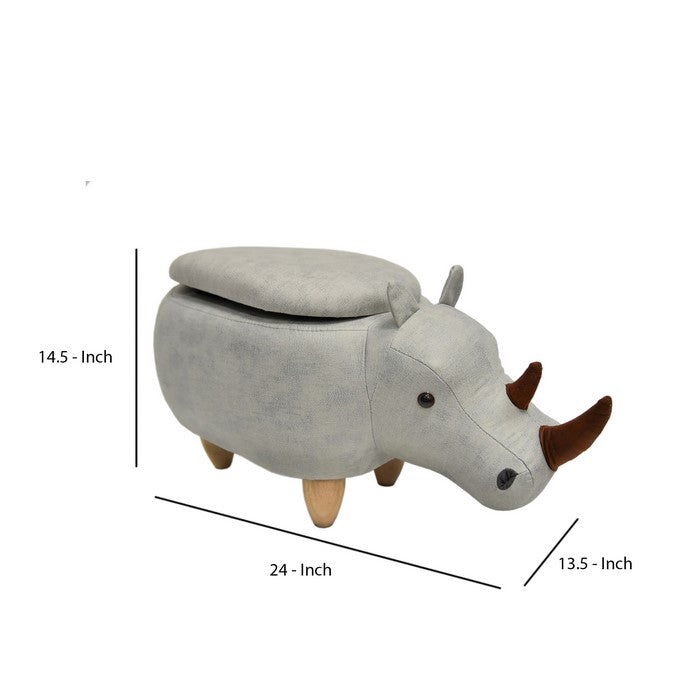 Rhinoceros Shape Wooden Storage Ottoman with Fabric Upholstery, Light Gray and Brown