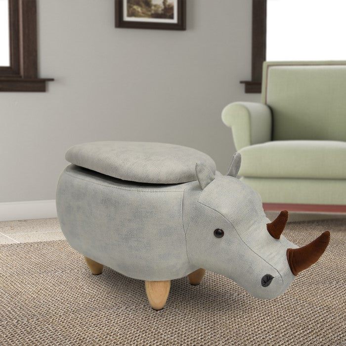 Rhinoceros Shape Wooden Storage Ottoman with Fabric Upholstery, Light Gray and Brown