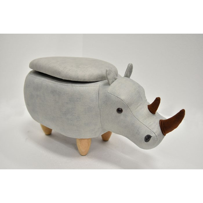 Rhinoceros Shape Wooden Storage Ottoman with Fabric Upholstery, Light Gray and Brown