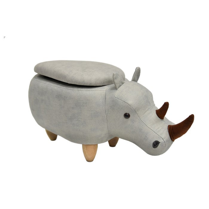 Rhinoceros Shape Wooden Storage Ottoman with Fabric Upholstery, Light Gray and Brown