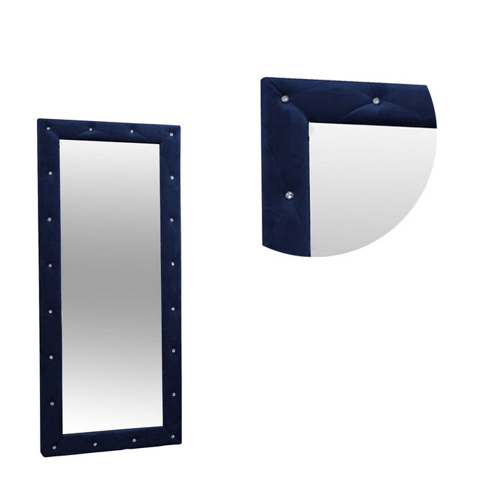 Finely Designed Floor Mirror with Crystal Tufted Velvet Upholstered Frame, Blue
