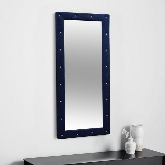 Finely Designed Floor Mirror with Crystal Tufted Velvet Upholstered Frame, Blue