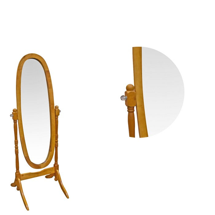 Oval Shape Cheval Floor Mirror with Wooden Support and Crystal Knobs, Oak Brown