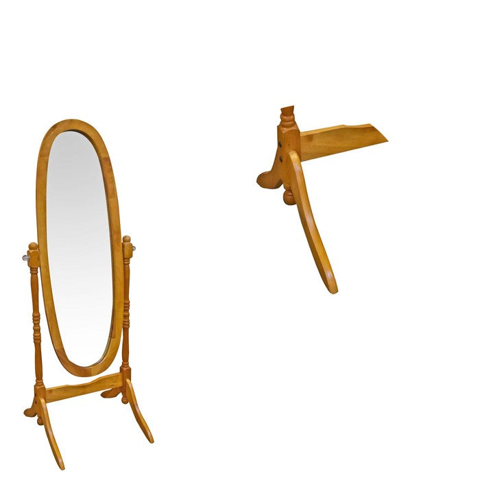Oval Shape Cheval Floor Mirror with Wooden Support and Crystal Knobs, Oak Brown