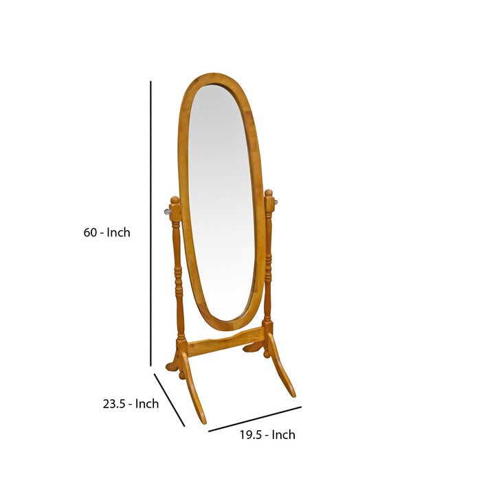 Oval Shape Cheval Floor Mirror with Wooden Support and Crystal Knobs, Oak Brown
