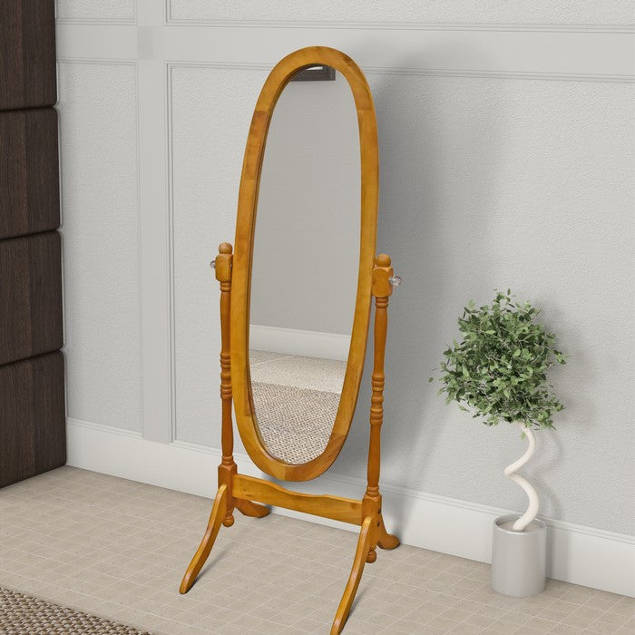 Oval Shape Cheval Floor Mirror with Wooden Support and Crystal Knobs, Oak Brown