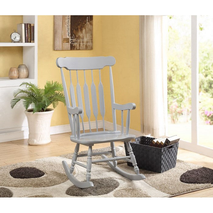 Classic Cottage Style Wooden Rocking Chair with Lath Back Design, Pale Gray