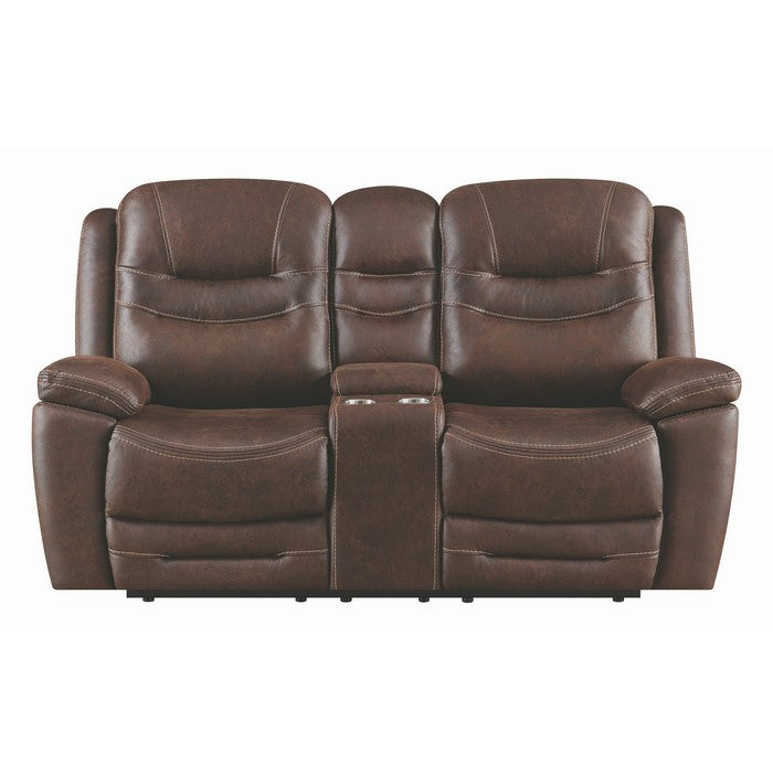 Fabric Upholstered Metal Power Recliner Loveseat with Adjustable Headrest, Brown