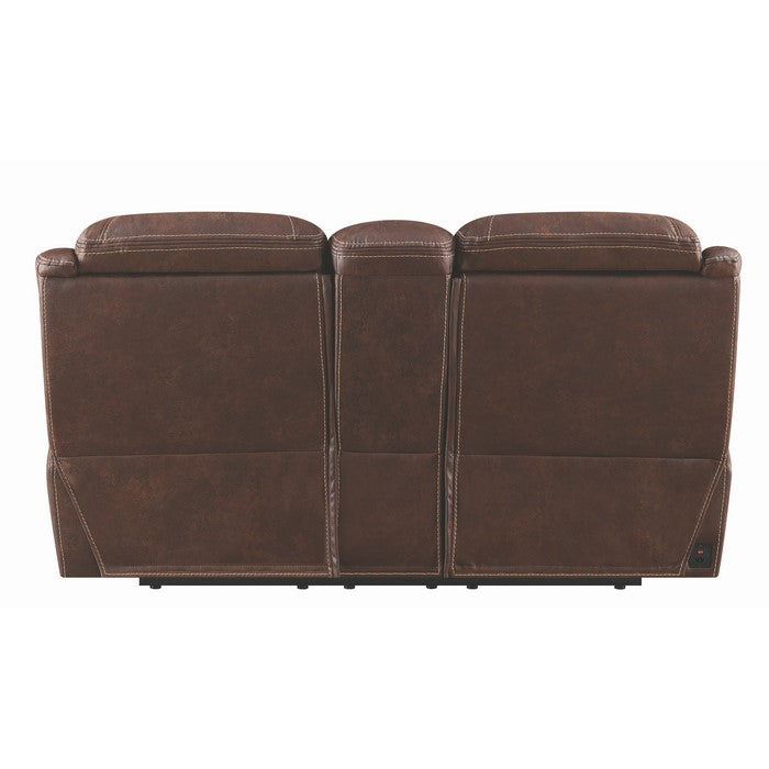 Fabric Upholstered Metal Power Recliner Loveseat with Adjustable Headrest, Brown