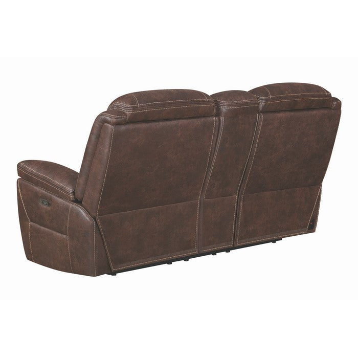Fabric Upholstered Metal Power Recliner Loveseat with Adjustable Headrest, Brown