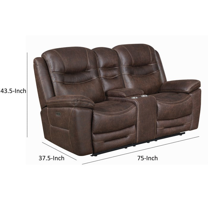 Fabric Upholstered Metal Power Recliner Loveseat with Adjustable Headrest, Brown