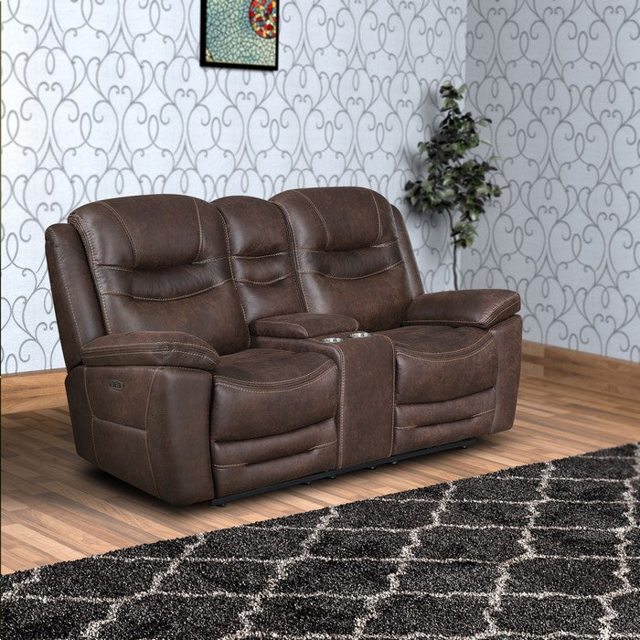 Fabric Upholstered Metal Power Recliner Loveseat with Adjustable Headrest, Brown