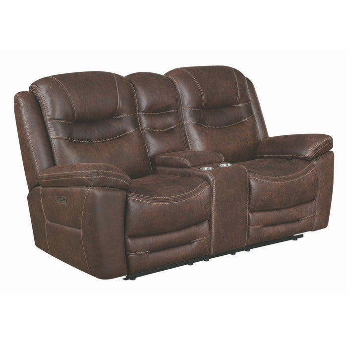 Fabric Upholstered Metal Power Recliner Loveseat with Adjustable Headrest, Brown