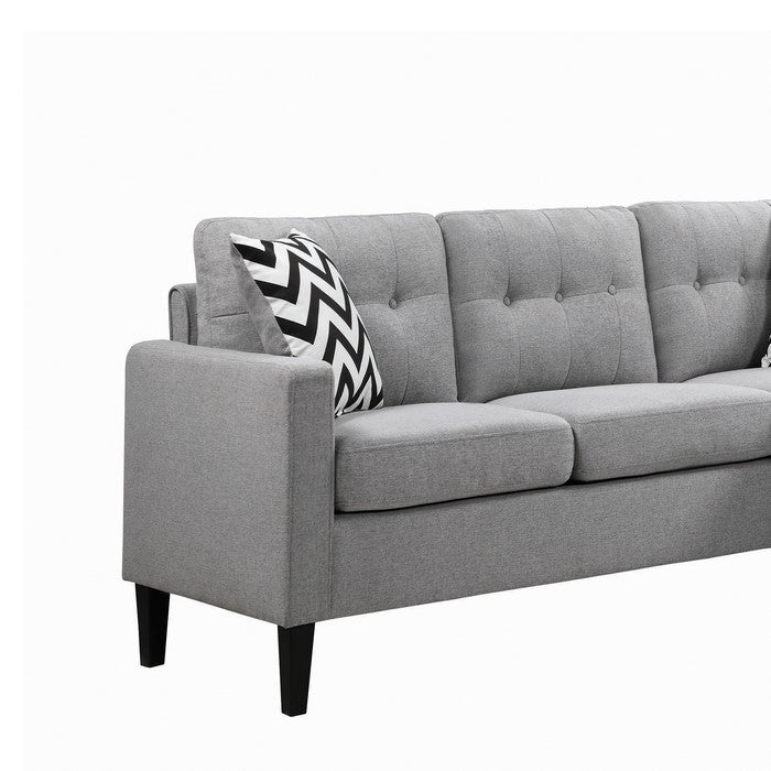 Fabric Upholstered Wooden Sectional with Button Tufted Back and Contrast Pillows, Gray and Black