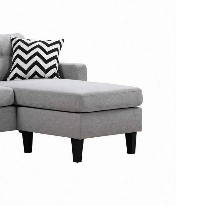Fabric Upholstered Wooden Sectional with Button Tufted Back and Contrast Pillows, Gray and Black