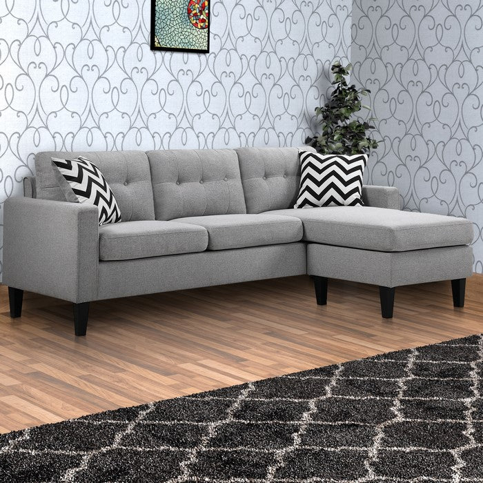Fabric Upholstered Wooden Sectional with Button Tufted Back and Contrast Pillows, Gray and Black