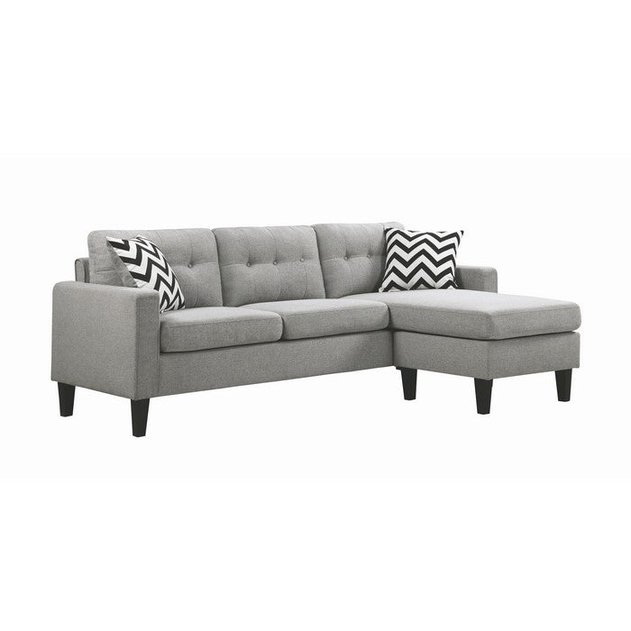Fabric Upholstered Wooden Sectional with Button Tufted Back and Contrast Pillows, Gray and Black