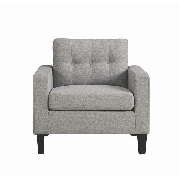 Fabric Upholstered Wooden Chair with Button Tufted Back and Contrast Pillows, Gray and Black