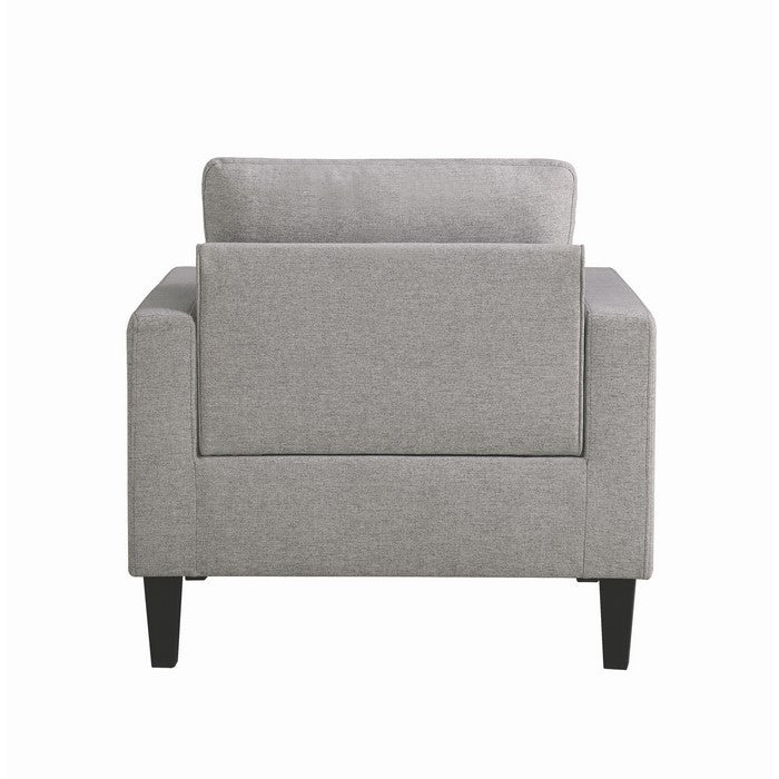 Fabric Upholstered Wooden Chair with Button Tufted Back and Contrast Pillows, Gray and Black